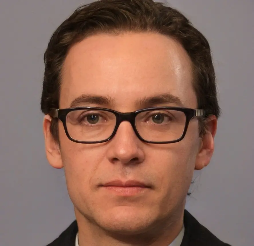 Portrait of a person with dark, wavy hair, wearing a suit against a grey background.