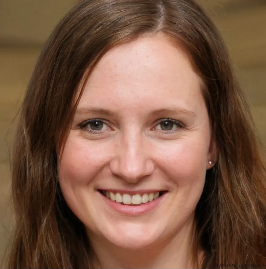 A woman with long, wavy brown hair and simple earrings, set against a muted background.