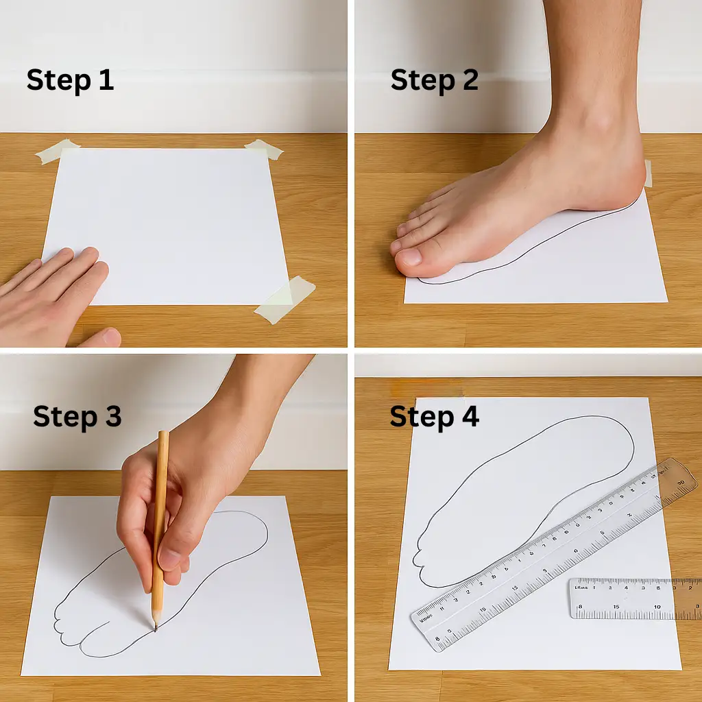 Home 5 Image showing step-by-step guide on measuring shoe size at home.