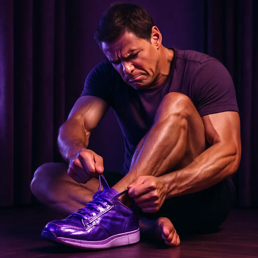 A muscular person sits on the floor tying bright purple sneakers, surrounded by dim purple lighting and fabric drapes.