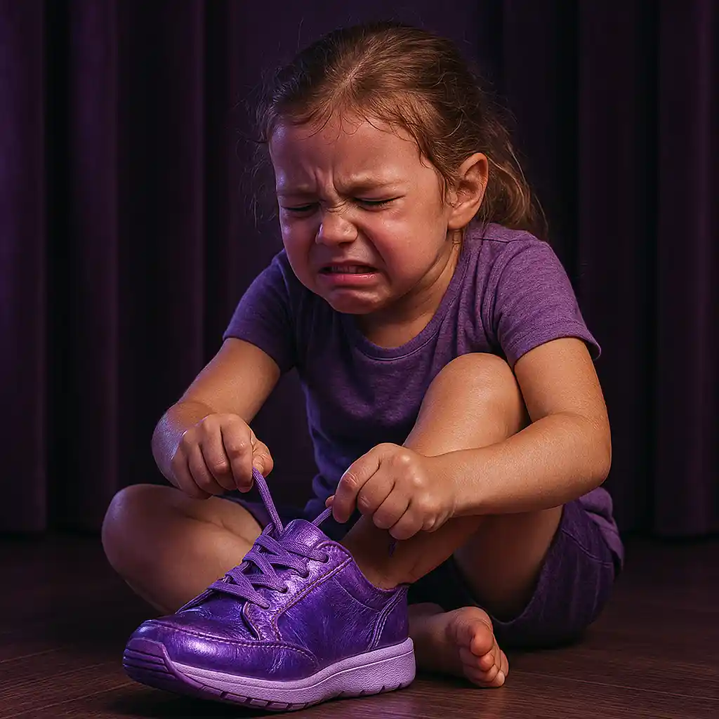 A child wearing a purple outfit ties the laces of a vibrant purple sneaker while sitting on a wooden floor against a dark curtain.